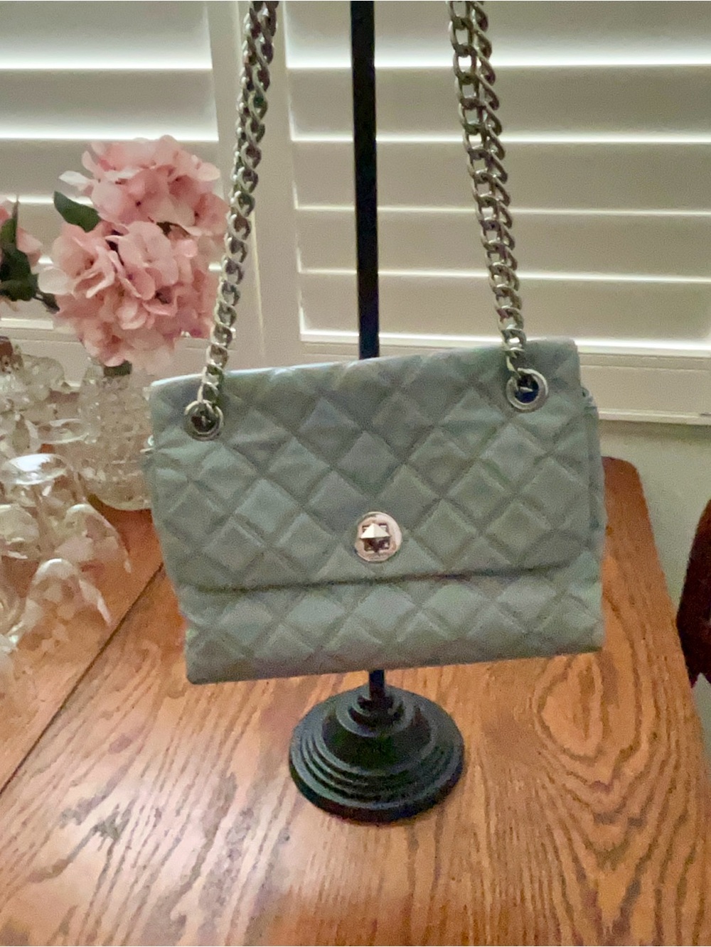 Kate Spade Gray Leather Crossbody Shoulder Bag Quilted Silver Chain Straps
